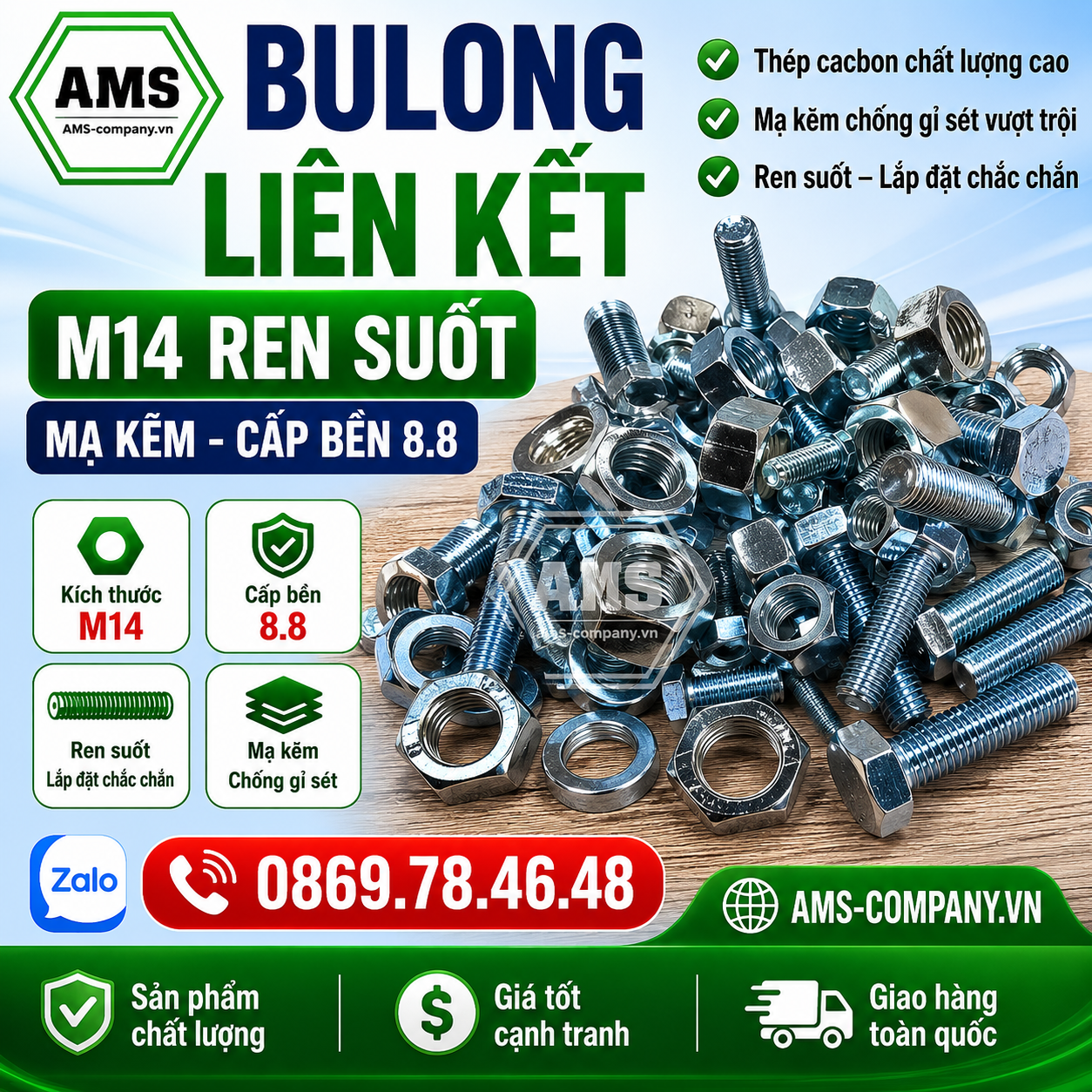 Bulong liên kết M14 cấp bề 8.8 mạ kẽm