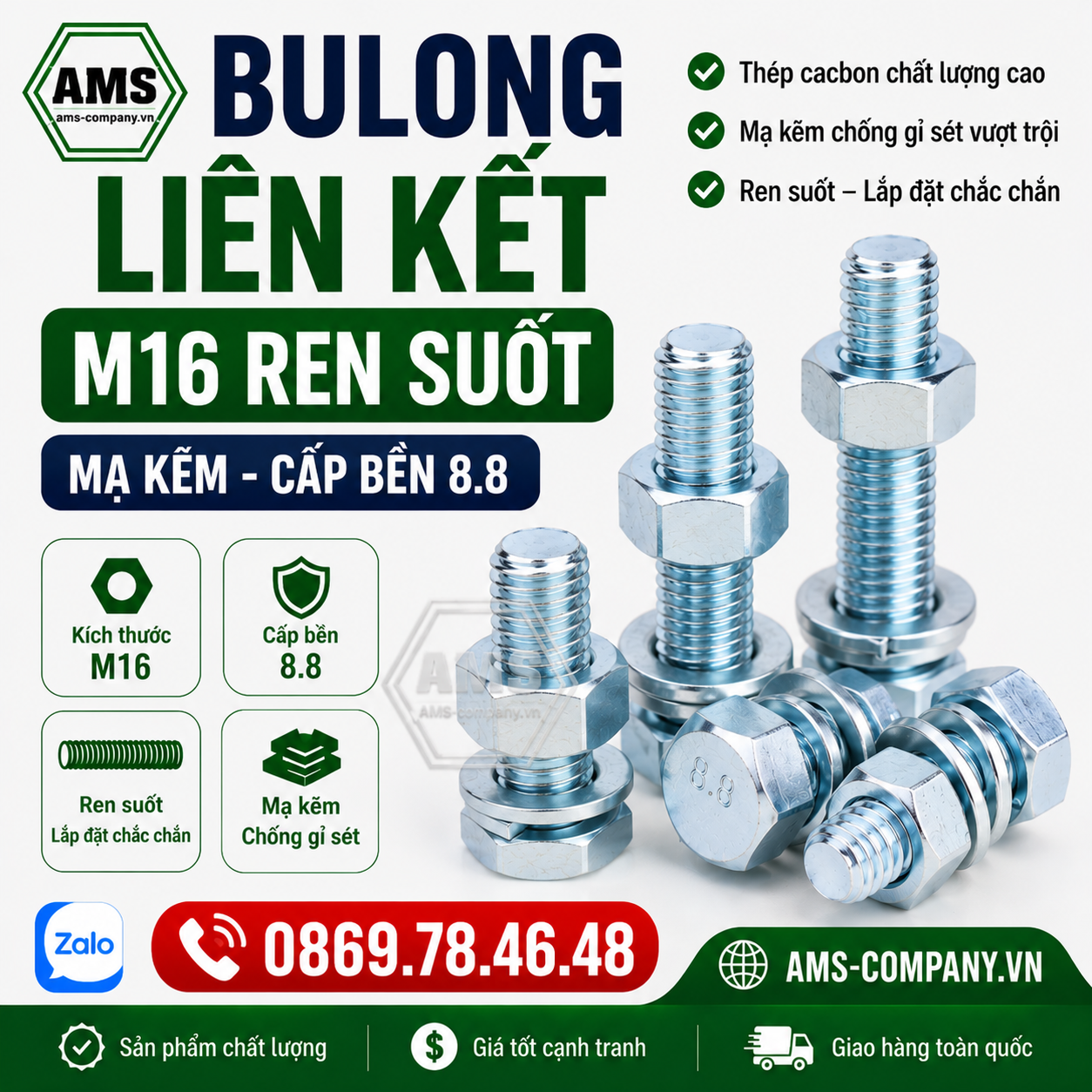 Bulong liên kết M16 cấp bề 8.8 mạ kẽm