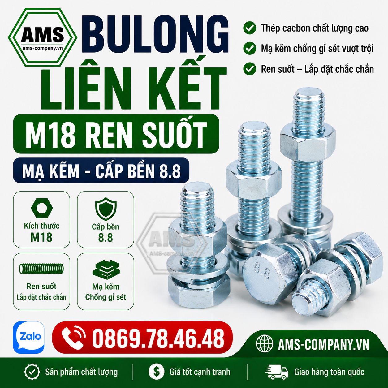 Bulong liên kết M18 cấp bề 8.8 mạ kẽm