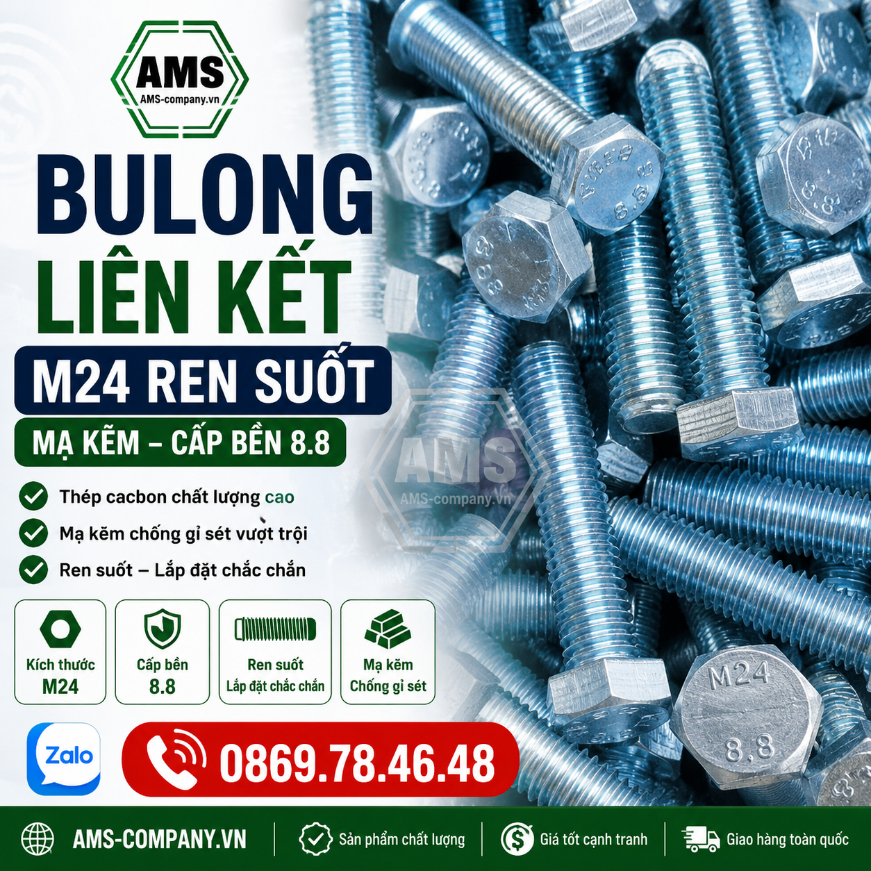 Bulong liên kết M24 cấp bền 8.8 mạ kẽm