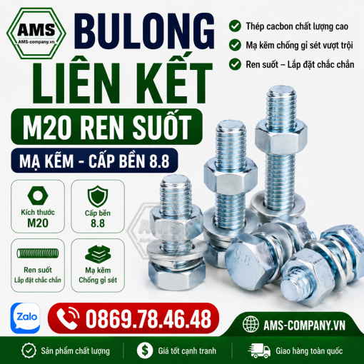 Bu lông liên kết M20 cấp bền 8.8 mạ kẽm