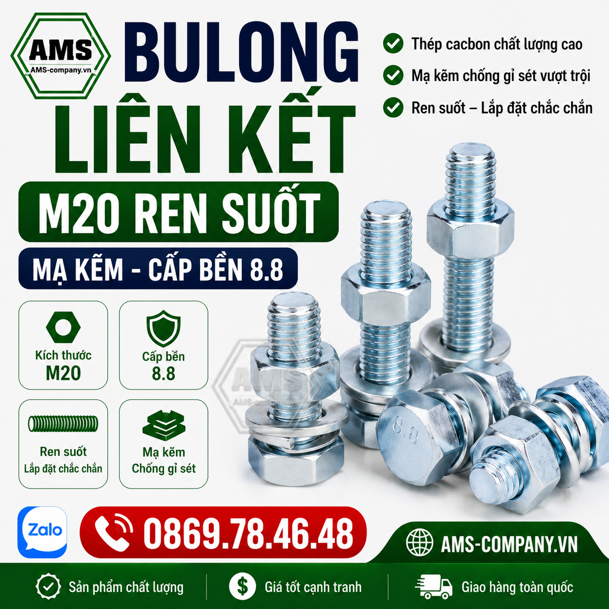 Bu lông liên kết M20 cấp bền 8.8 mạ kẽm