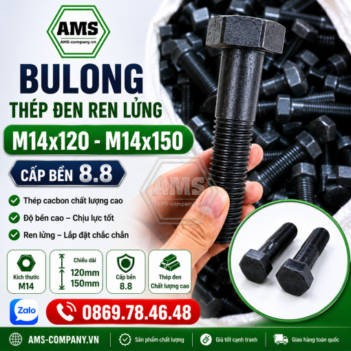 Bu lông lục giác ngoài ren lửng đen M14x120 - M14x150/8.8