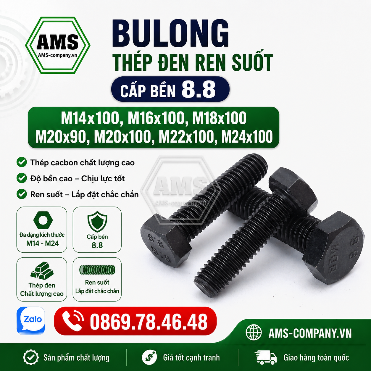 Bulong thép đen ren suốt M14-M24/8.8