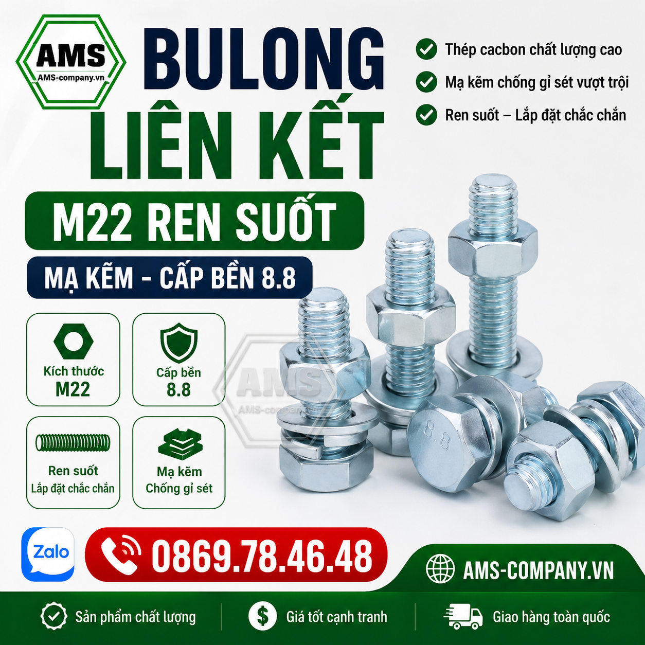 Bu lông liên kết M22 cấp bền 8.8 mạ kẽm