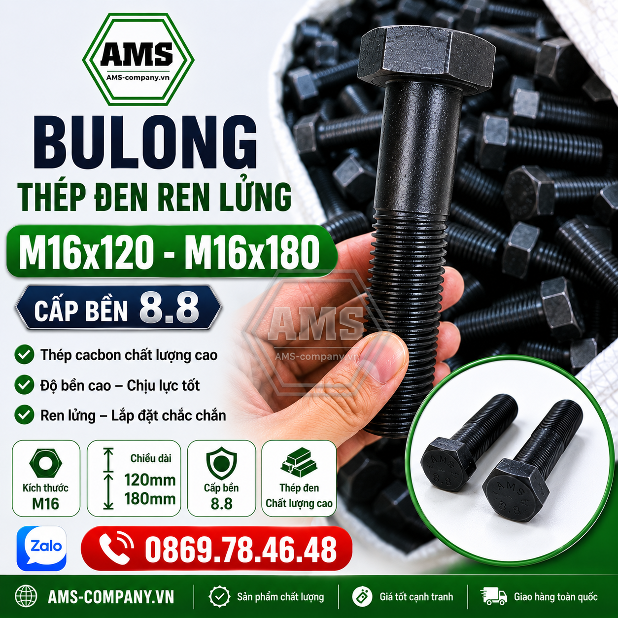 Bulong thép đen ren lửng M16x120 - M16x180/8.8