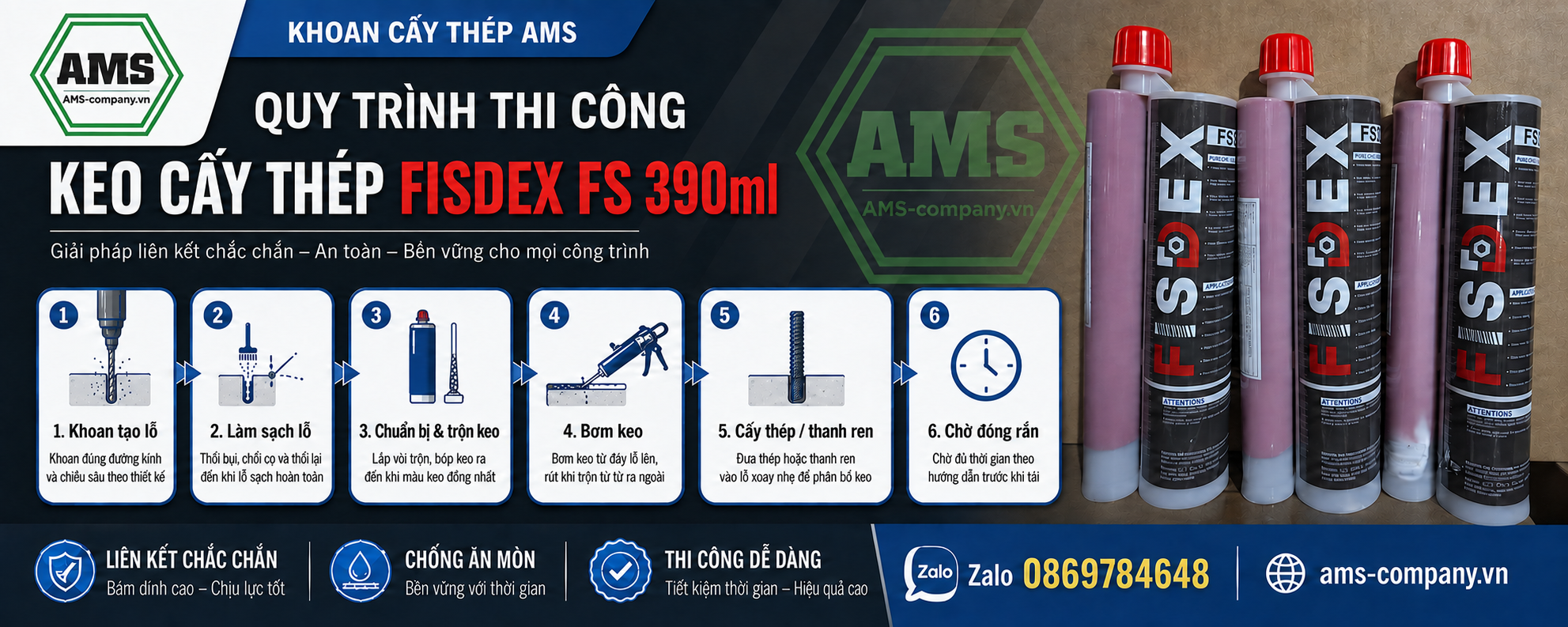 Quy trình thi công keo cấy thép FISDEX FS 390ml